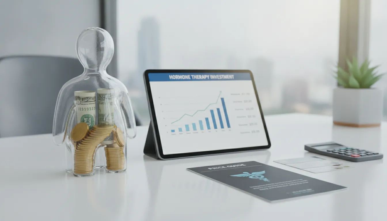 Glass figure filled with cash and coins beside a bioidentical hormone therapy cost chart.