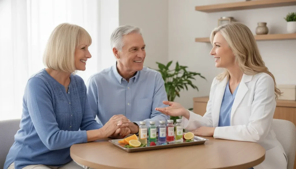 Patient and clinician discussing GLP-1 side effects and medication questions in a welcoming office.
