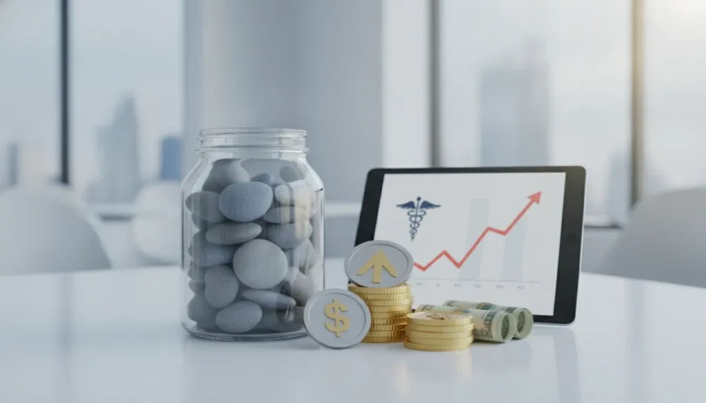 Jar of stones, stacked coins, dollar bills, and tablet showing rising low testosterone treatment costs.