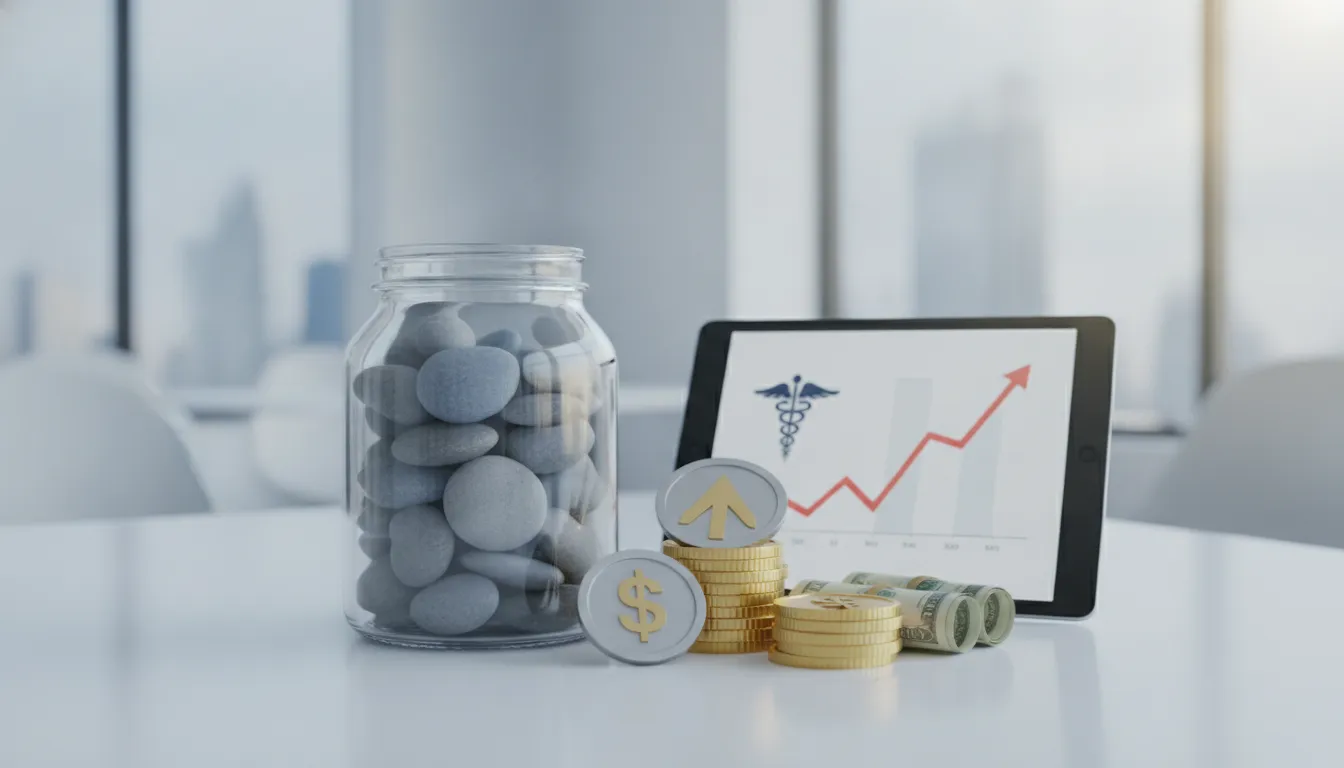 Jar of stones, stacked coins, dollar bills, and tablet showing rising low testosterone treatment costs.