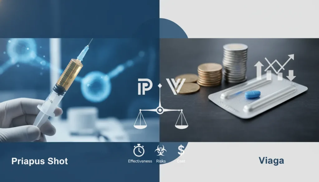 Priapus Shot syringe vs Viagra pill with coins for erectile dysfunction treatment.