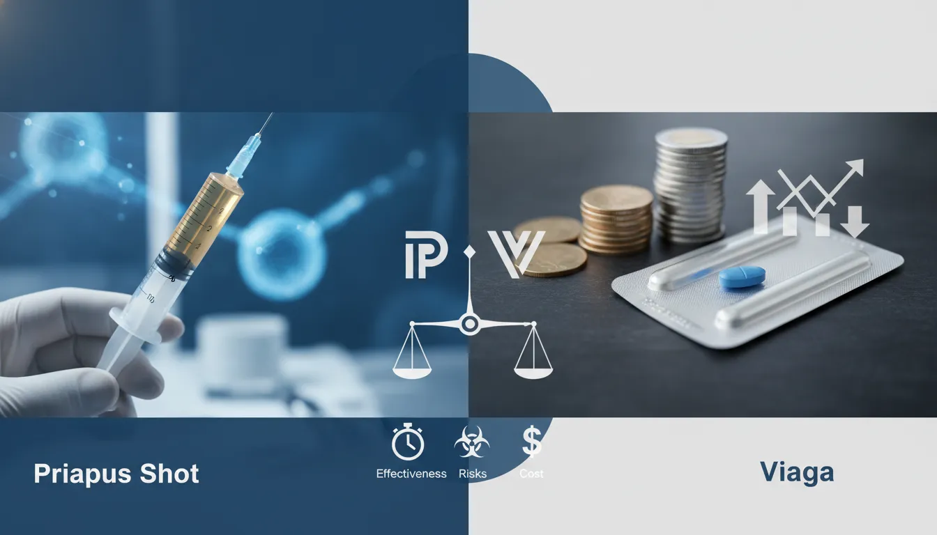 Priapus Shot syringe vs Viagra pill with coins for erectile dysfunction treatment.