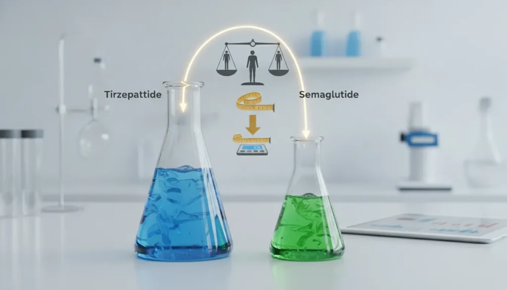 Tirzepatide vs semaglutide for weight loss, shown with lab beakers and a scale.