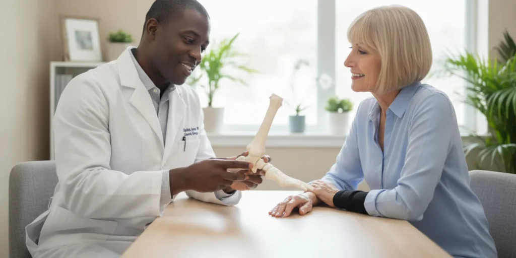 Clinician discussing an ankle evaluation with an active adult in a bright consultation room