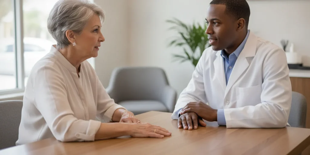 Adult discussing hand comfort and movement with a clinician during an appointment