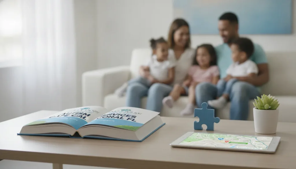 Family reviews an autism services guide and map at home in Cape Coral, FL.