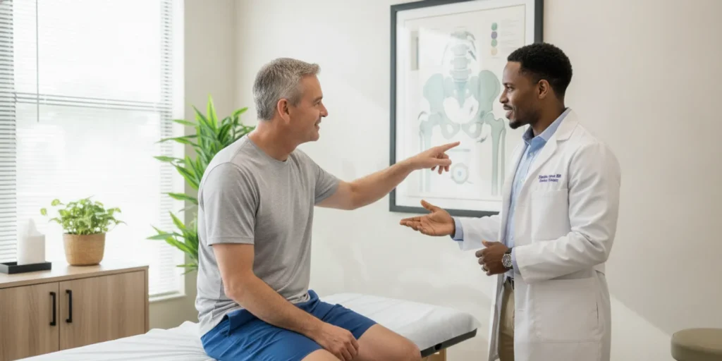 Clinician discussing a hip mobility evaluation with an adult patient