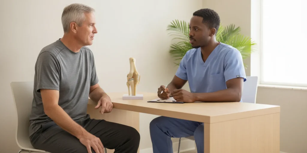 Older adult speaking with a clinician during a knee replacement consultation