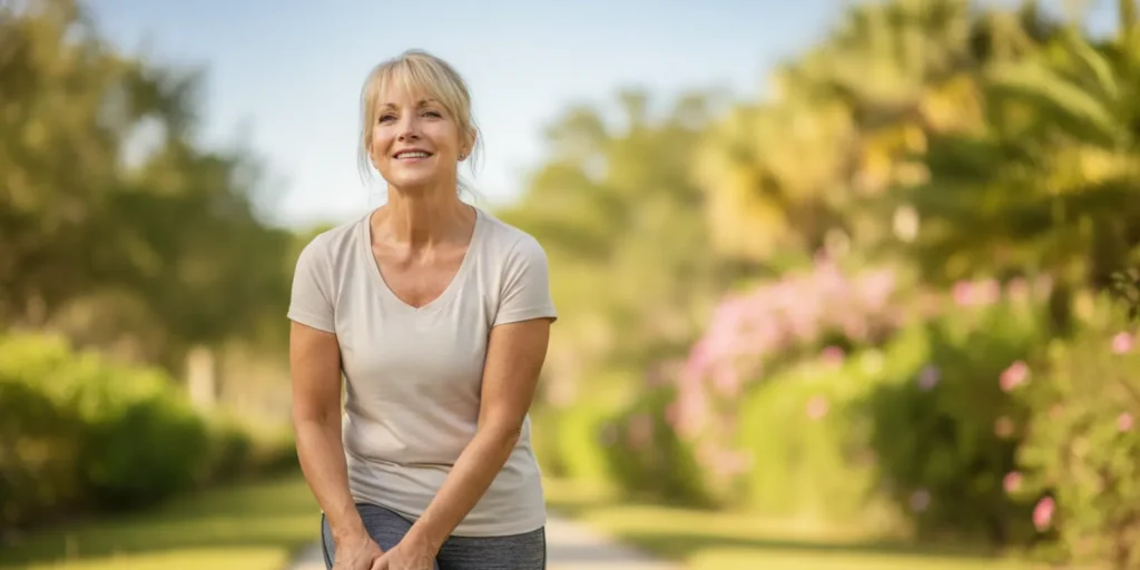 An active adult pausing beside a walking path and gently checking their knee after exercise
