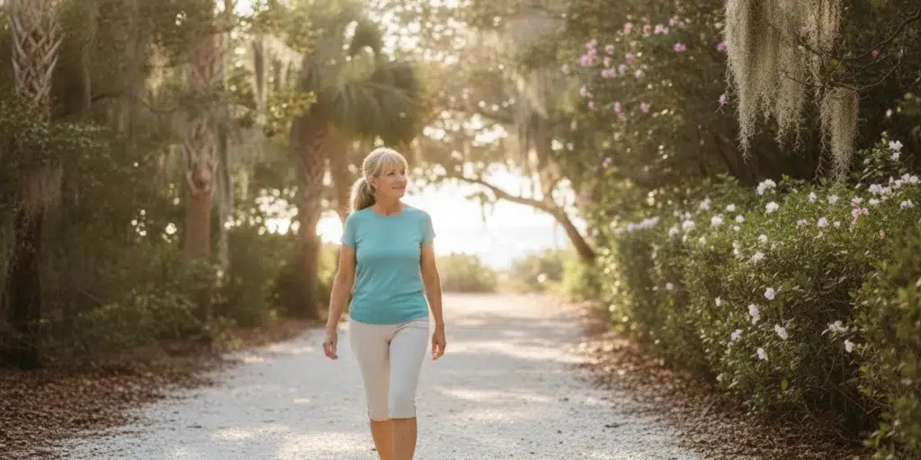 Adult taking a careful walk on a shaded Florida path
