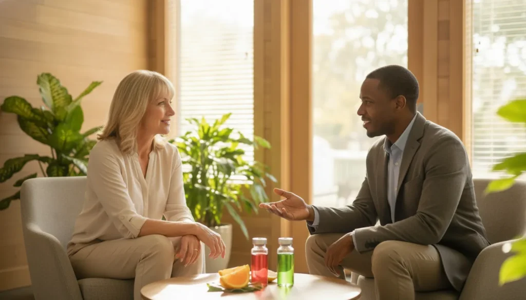 Patient discussing menopause symptoms and care options with a clinician
