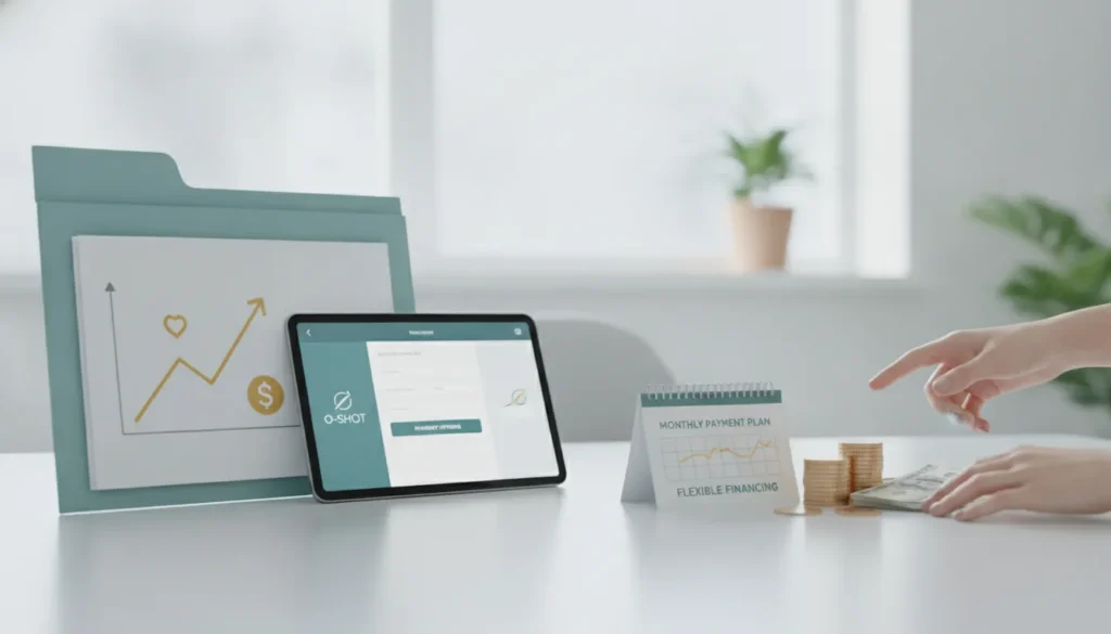 O-Shot treatment cost and financing options shown on a tablet with a payment plan chart and money.