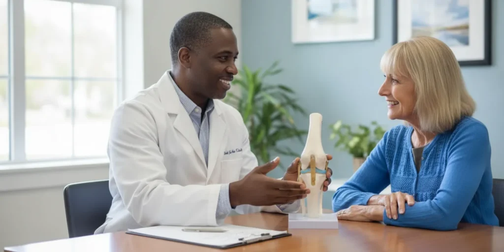 Clinician and patient reviewing a knee evaluation in a calm consultation room