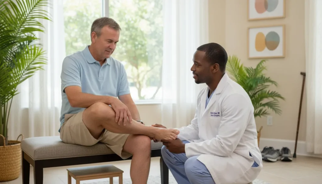 Adult discussing heel and foot discomfort with a clinician