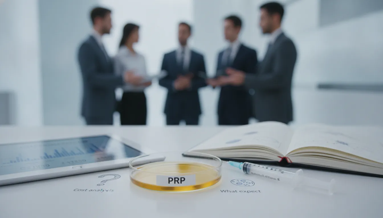 PRP therapy cost and what to expect, with syringe, petri dish, and business team.