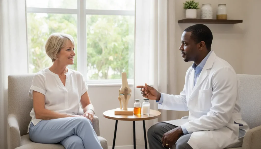 Patient and clinician discussing PRP and cortisone options for joint pain