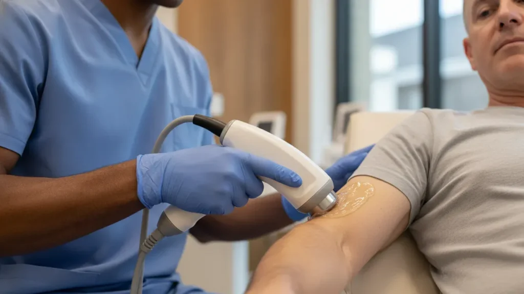 Clinician applying shockwave therapy to an elbow tendon area