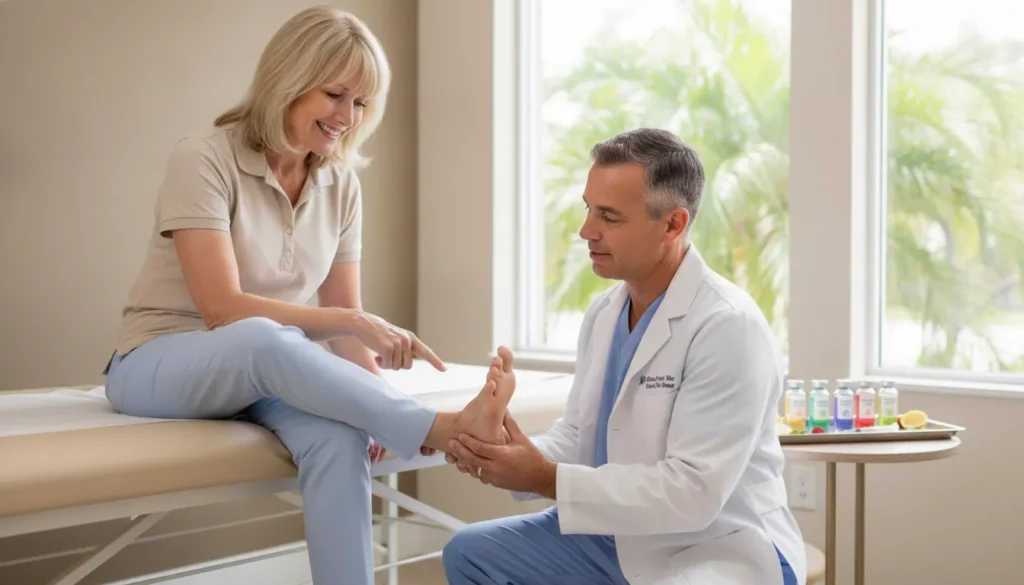 Patient discussing heel pain with a clinician before considering shockwave therapy for plantar fasciitis