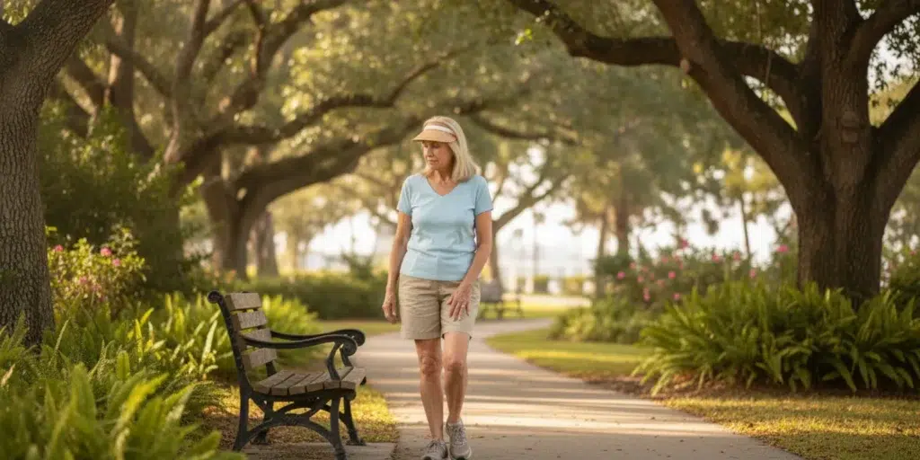 Adult walking outdoors on a paved path, pausing briefly while considering knee stiffness