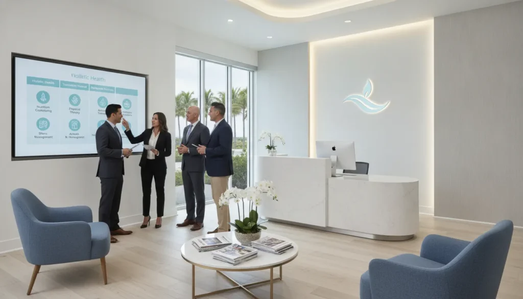 Modern wellness clinic lobby in Cape Coral, FL, with staff discussing patient care options.