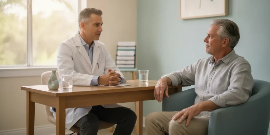 Adult patient discussing knee care options with a clinician in a bright consultation room